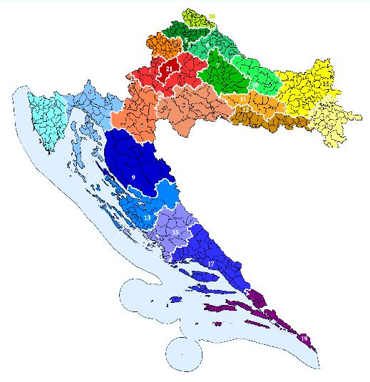 Sibensko-kninska, Medimurska, Krapinsko-zagorska, Osjecko-baranjska, Vukovarsko-srijemska, Viroviticko-podravska, Primorsko-goranska, Licko-senjska, Splitsko-dalmatinska, Vukovarsko-srijemska, Zagrebacka, Sisacko-moslavacka, Zagreb, Dubrovacko-neretvanska, Zadarska, Istarska, Karlovacka, Pozesko-slavonska, Brodsko-posavska, Bjelovarsko-bilogorska, Koprivnicko-krizevacka and Varazdinska